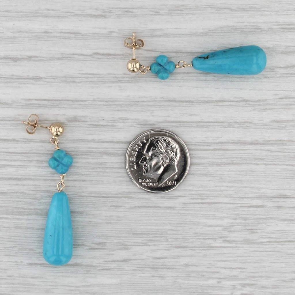 Turquoise Teardrop Flower Dangle Earrings 14k Yellow Gold Drops