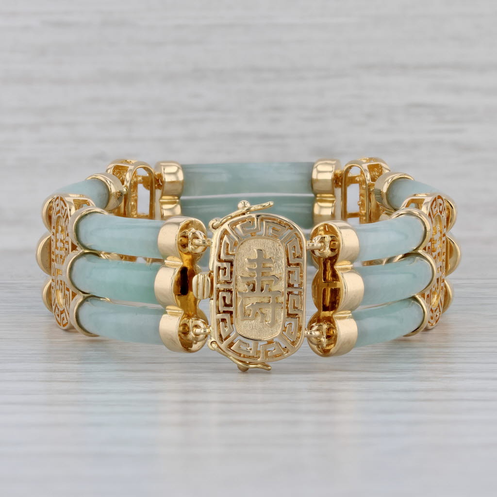 Gray Green Jadeite Jade Chinese Calligraphy Bracelet 18k Yellow Gold 7.75"