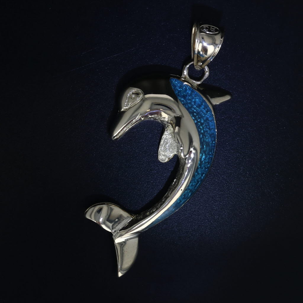 Black Dolphin Pendant 14k Yellow Gold Turquoise Resin Nautical Jewelry