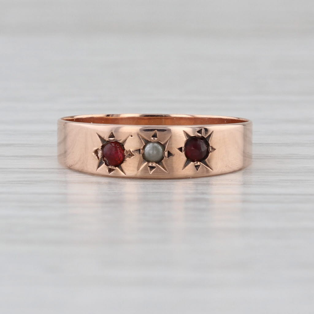 Antique Simulated Pearl Red Glass Ring 8k Rose Gold Size 6.25-6.75