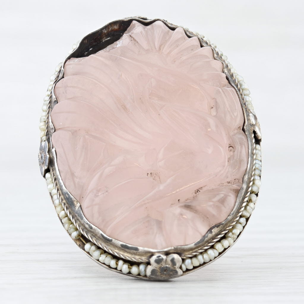 Light Gray Vintage Floral Carved Rose Quartz Pearl Ring Sterling Silver Statement AS IS