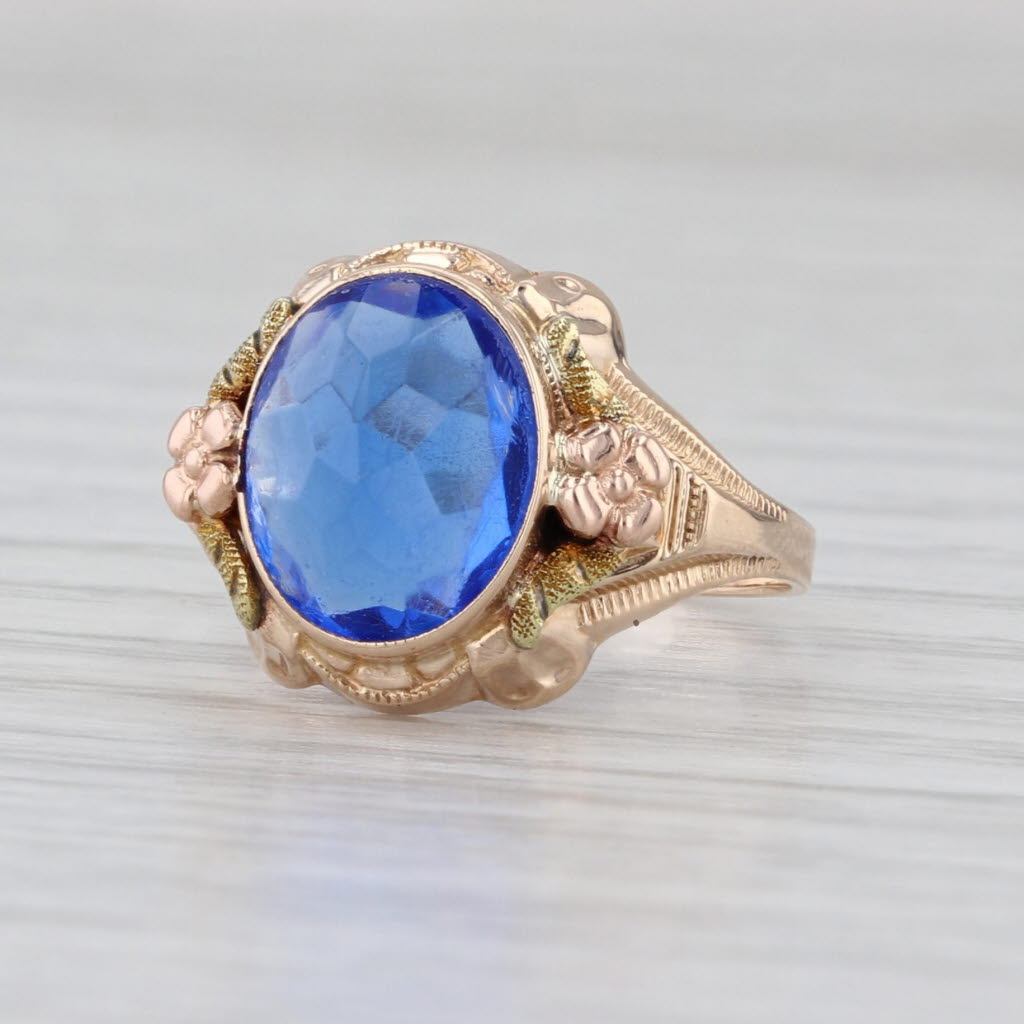 Molded Blue Glass Solitaire Ring 10k Yellow Gold Size 5.25