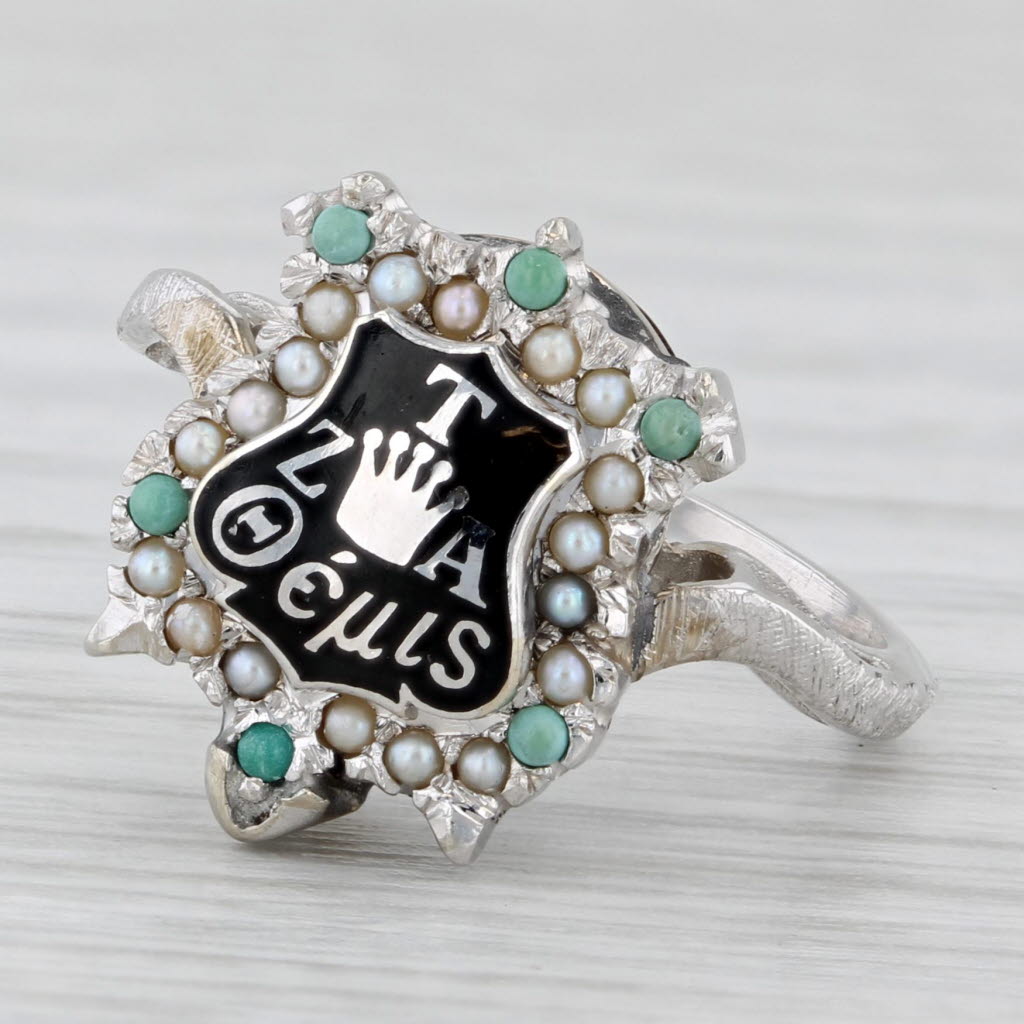 Light Gray Zeta Tau Alpha Sorority Badge Ring 14k Gold Turquoise Pearl Vintage Size 4.75