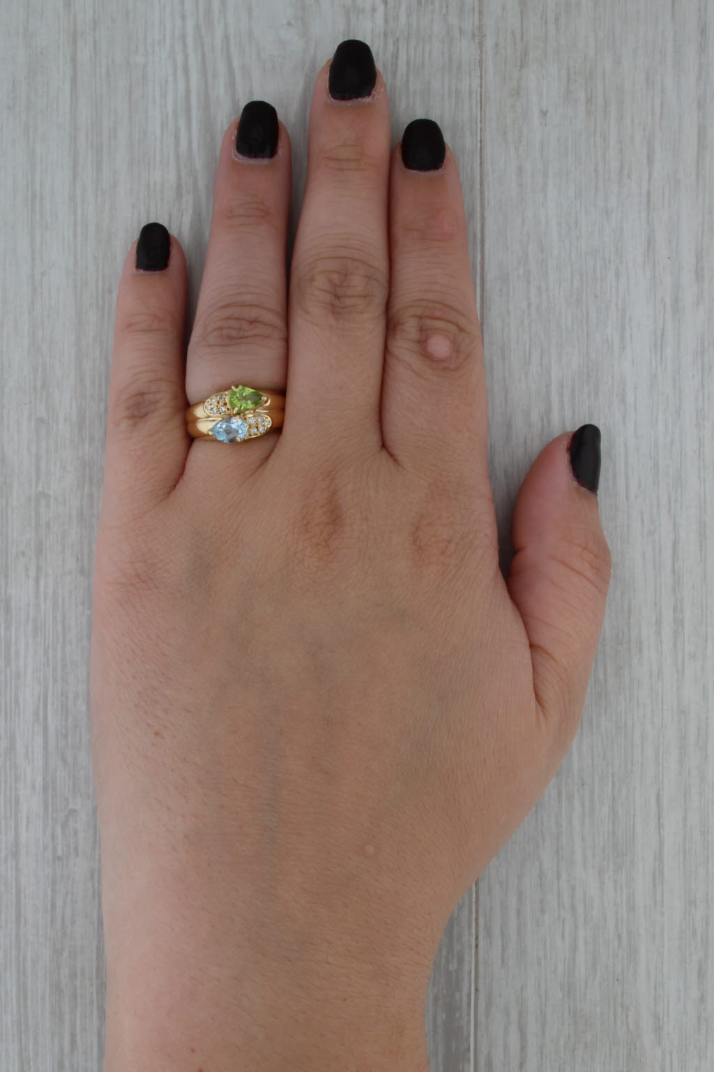 1.58ctw Green Peridot Blue Topaz Diamond Bypass Ring 18k Yellow Gold Size 5.75