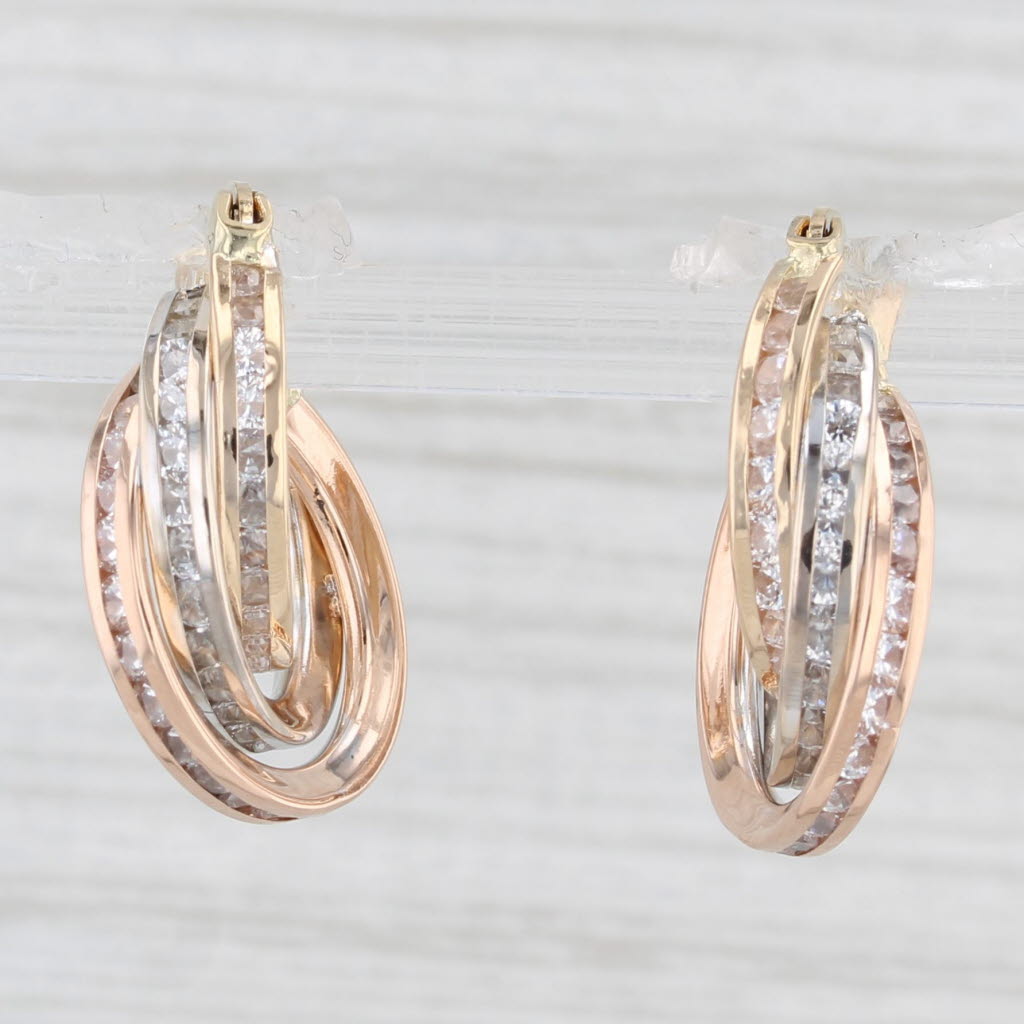 Light Gray Simulated Diamond Tri-Toned Hoop Earrings 18k Yellow White Rose Gold Round Hoops