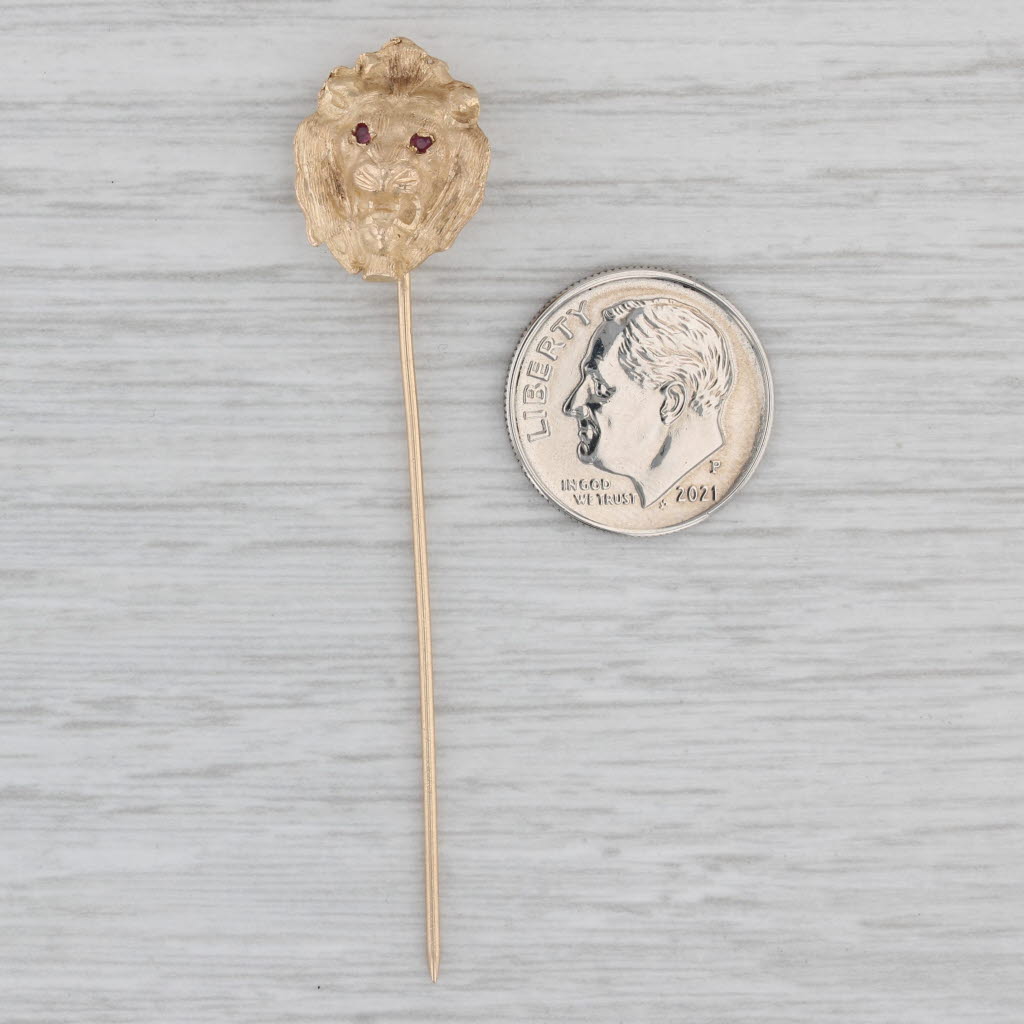 Gray Antique Lions Head Stickpin 14k 10k Yellow Gold Ruby Eyes