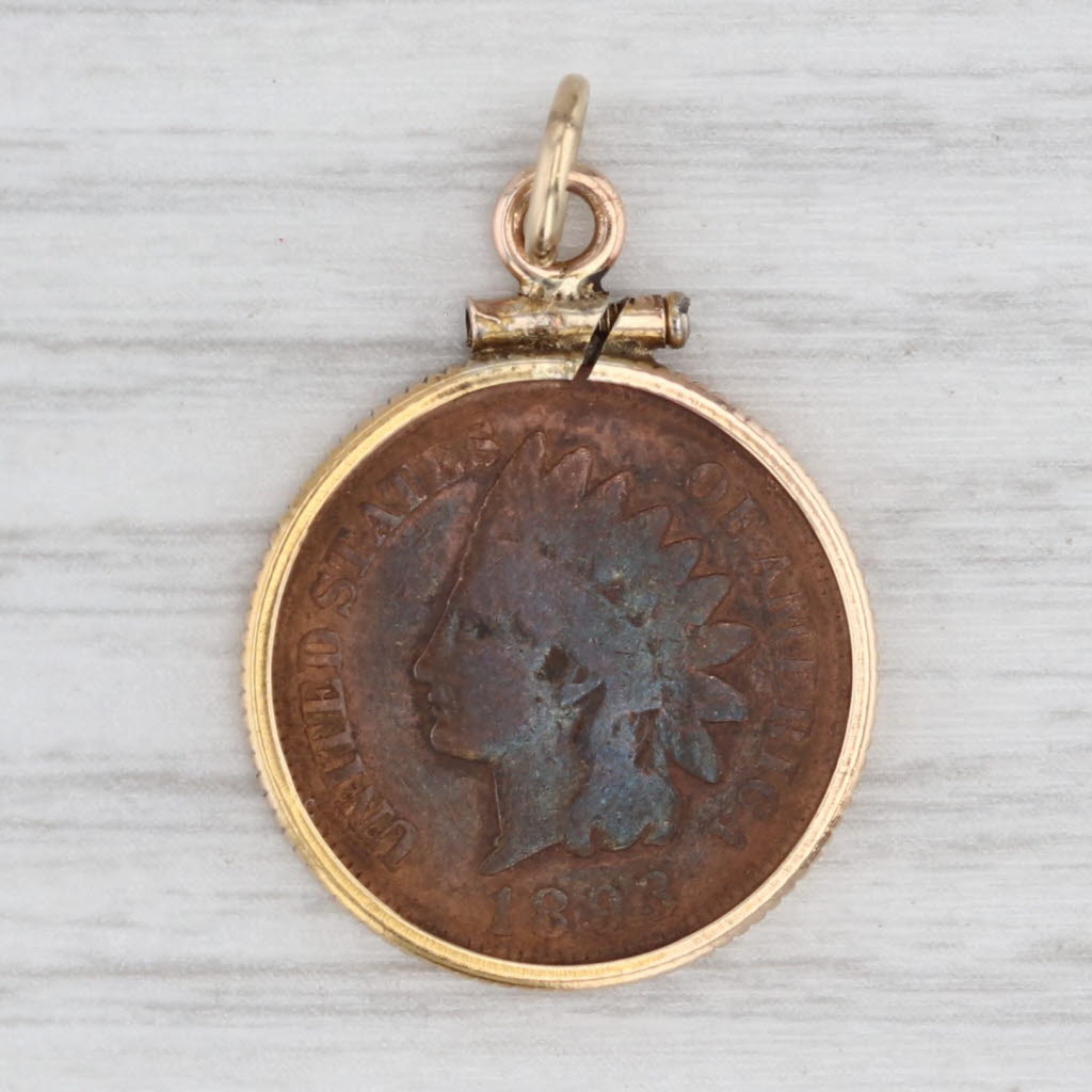 1893 Indian Head Penny Pendant 10k Yellow Gold Copper Bezel Vintage Charm