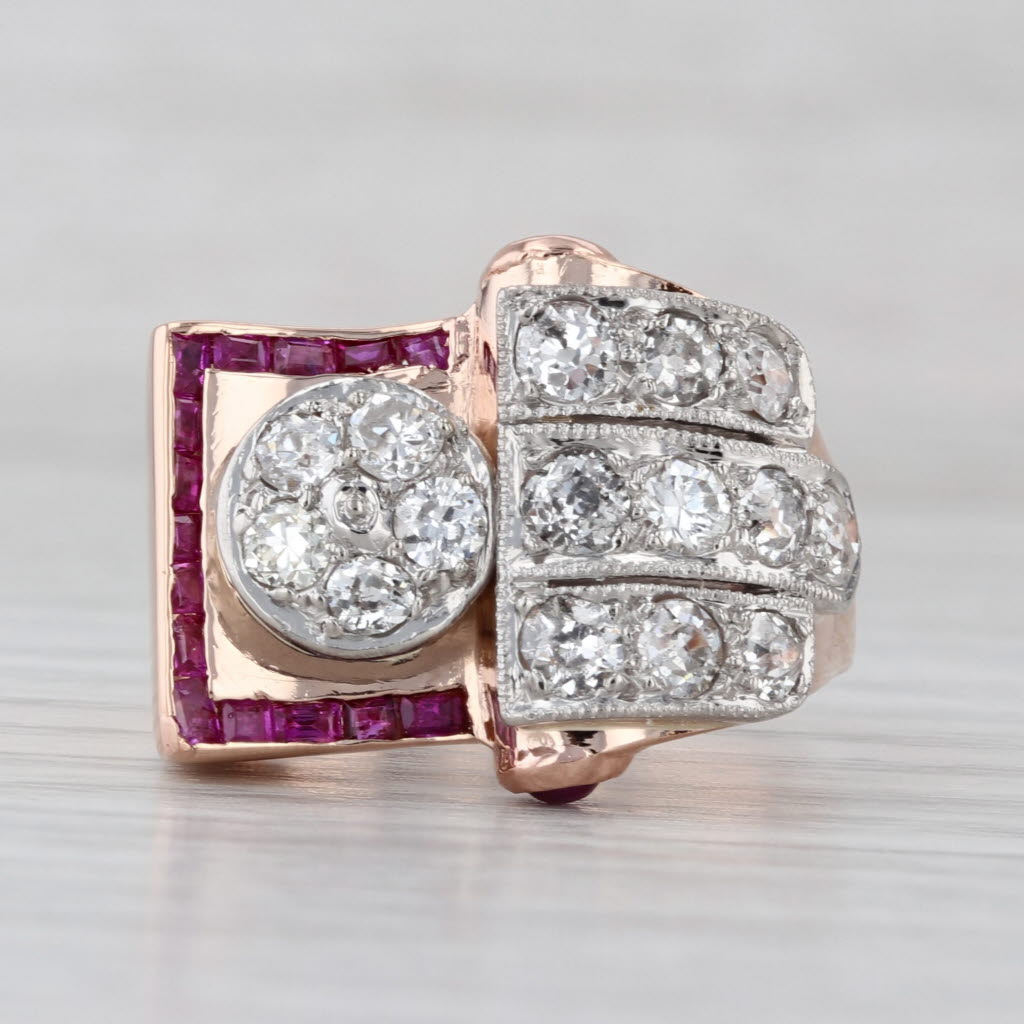 Retro 1.40ctw Diamond Ruby Ring 14k Rose Gold Palladium Cocktail Size 8