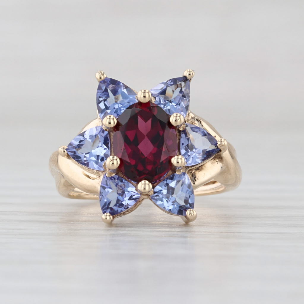2.90ctw Garnet Tanzanite Flower Ring 10k Yellow Gold Size 4.5 Cocktail