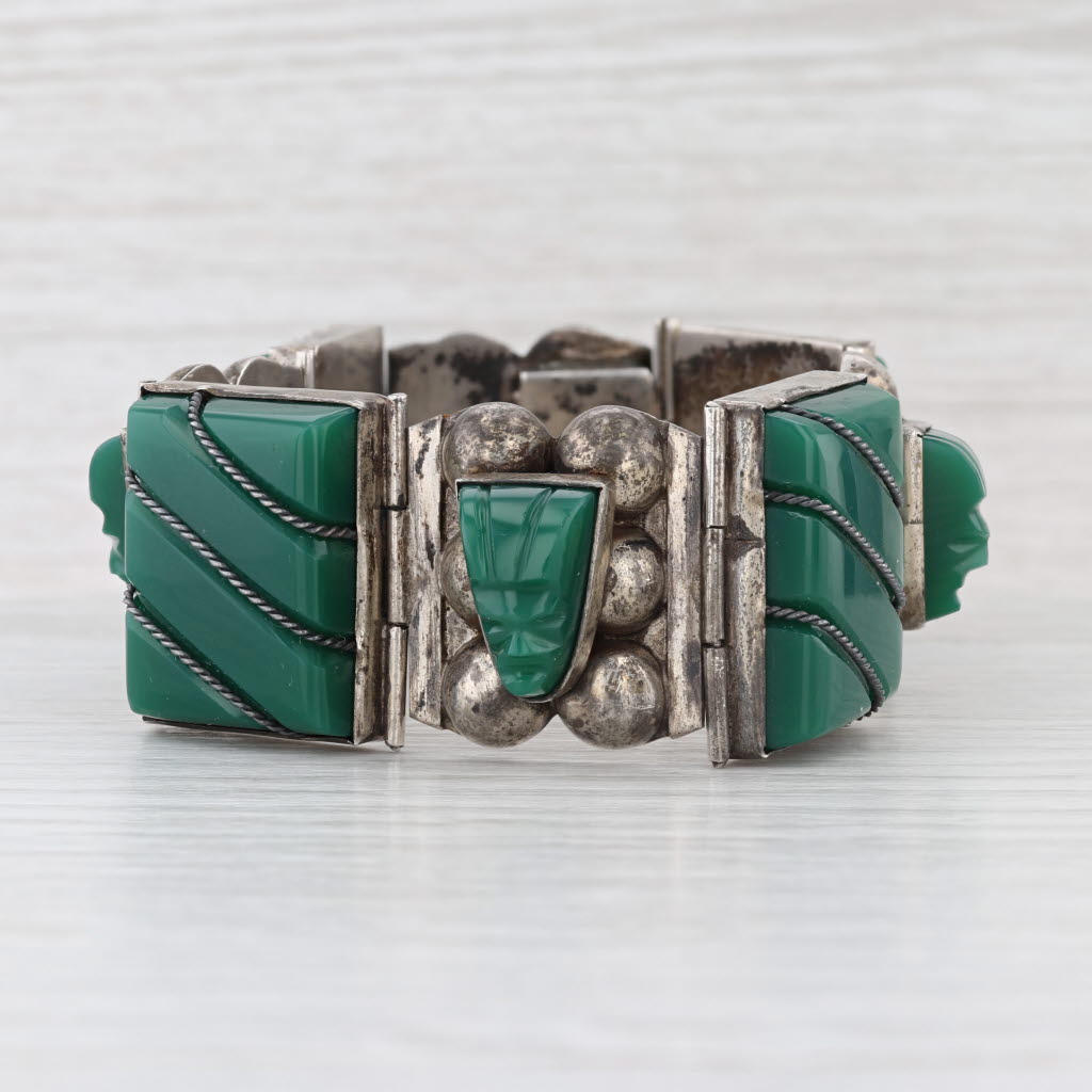 Vintage Green Glass Sterling Silver Mexico 7" Carved Tibal Faces Statement