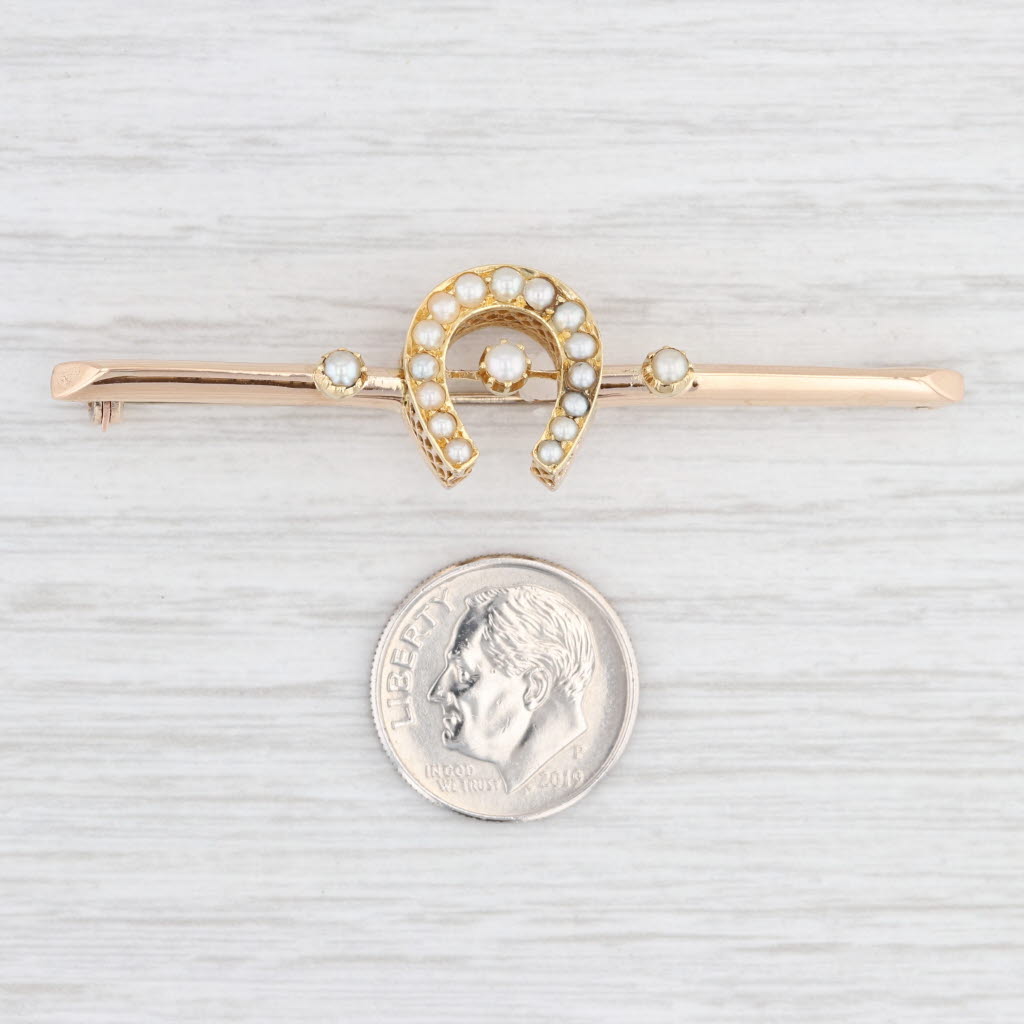 Light Gray Vintage Pearl Horseshoe Bar Brooch 14k Yellow Gold Western Pin