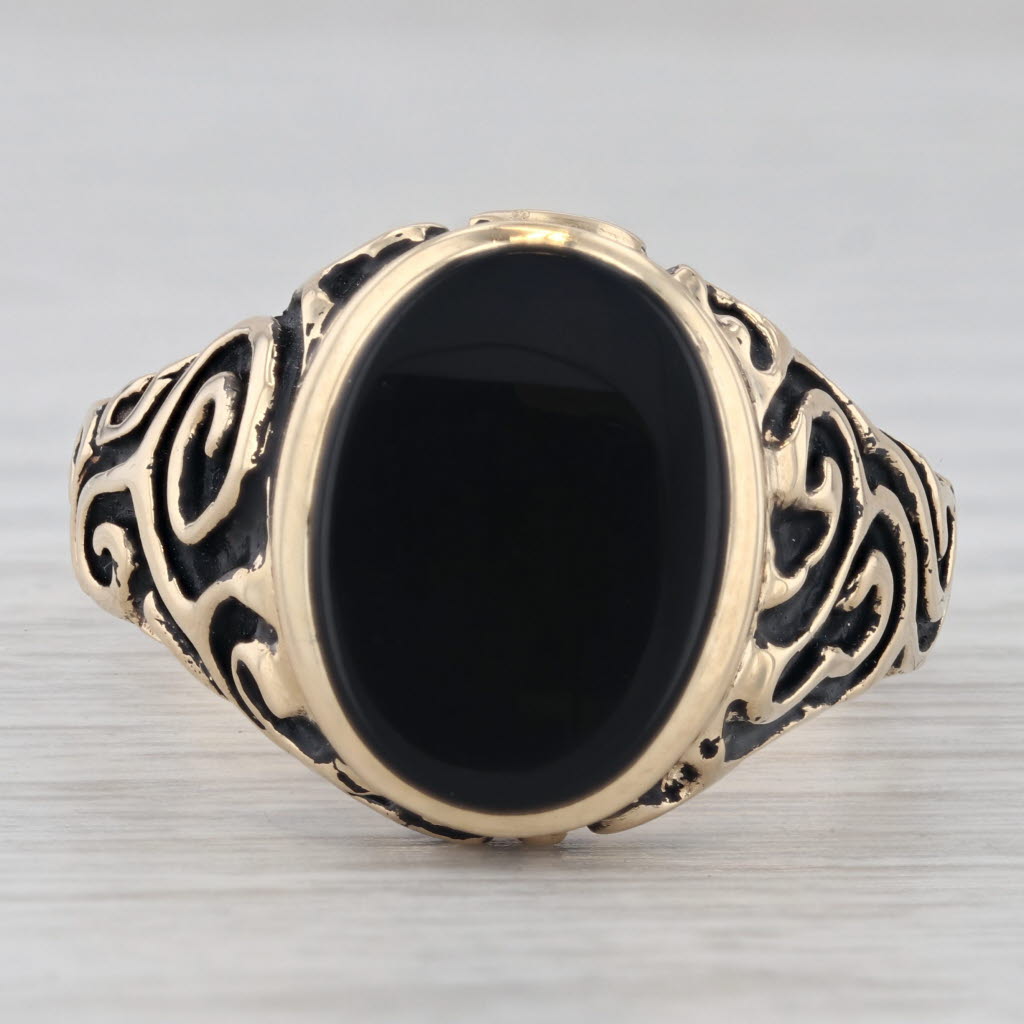 Gray ornate Onyx Men's Ring 10k Yellow Gold Size 13.5 Vintage