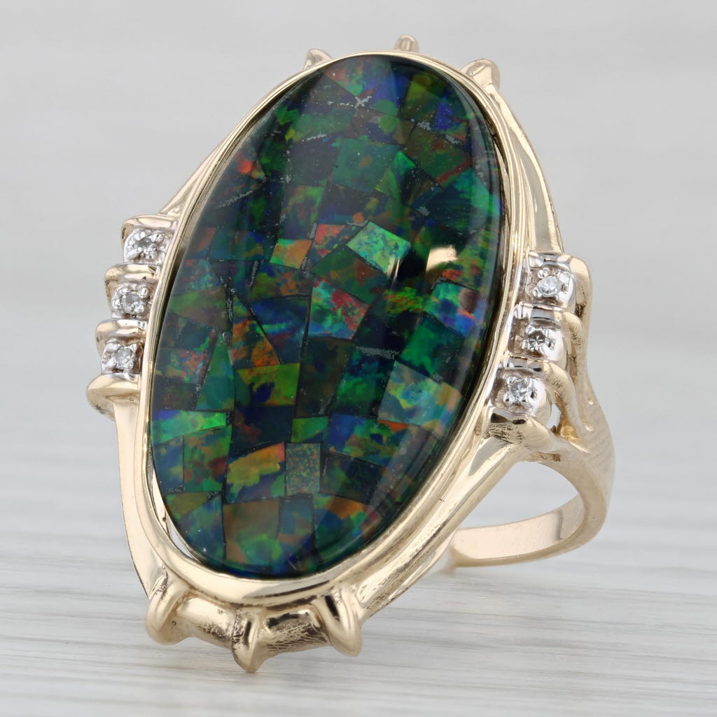 Light Gray Colorful Mosaic Opal Triplet Diamond Ring 14k Yellow Gold Cocktail Statement Size 9