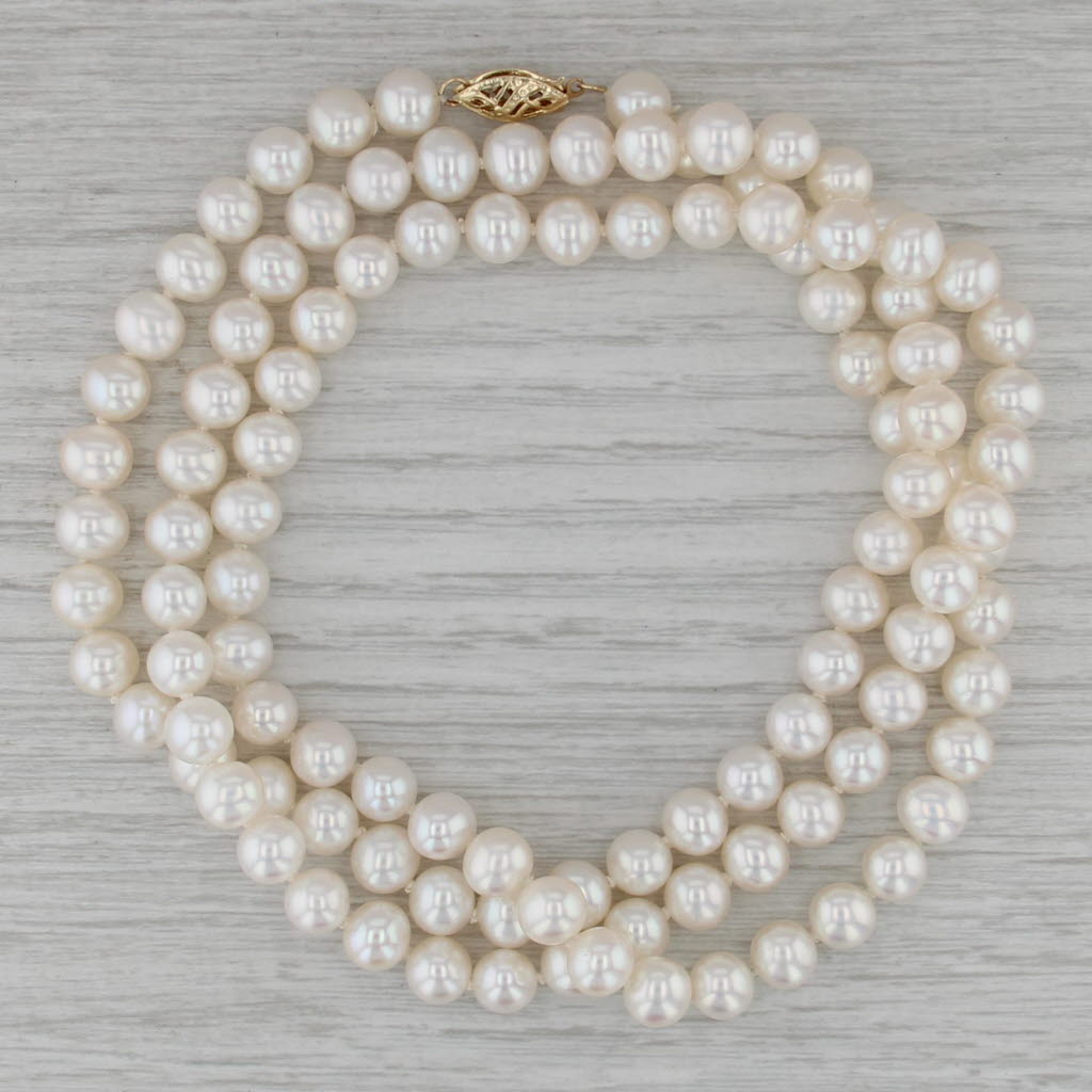 Cultured Pearl Bead Necklace 14k Gold 30" Long Single Strand