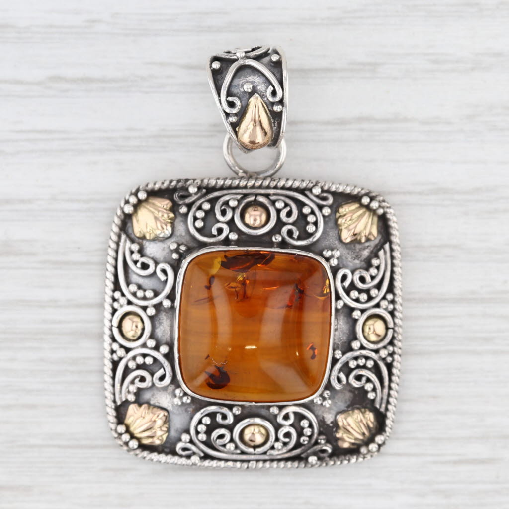 Light Gray Ornate Amber Statement Pendant Sterling Silver 18k Gold Cabochon Solitaire