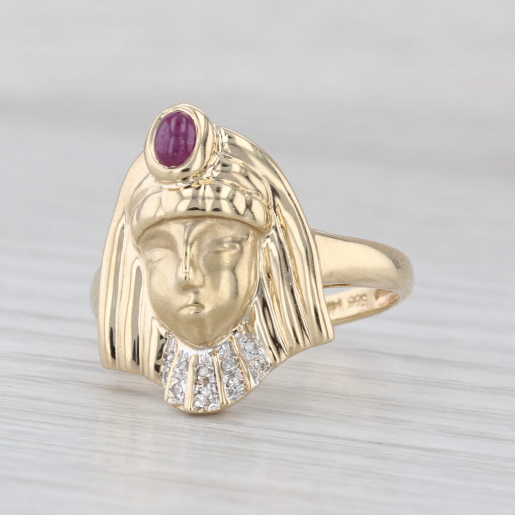 Ruby Diamond Egyptian Pharaoh Bust Ring 14k Yellow Gold Size 8.5