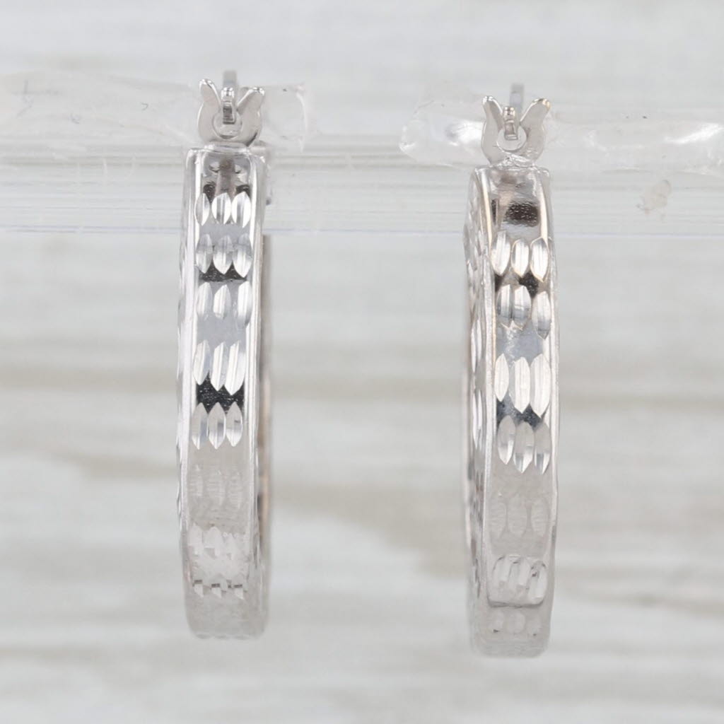 Light Gray Etched Pattern Hoop Earrings 14k White Gold 20.4 x 3.1mm Round Hoops