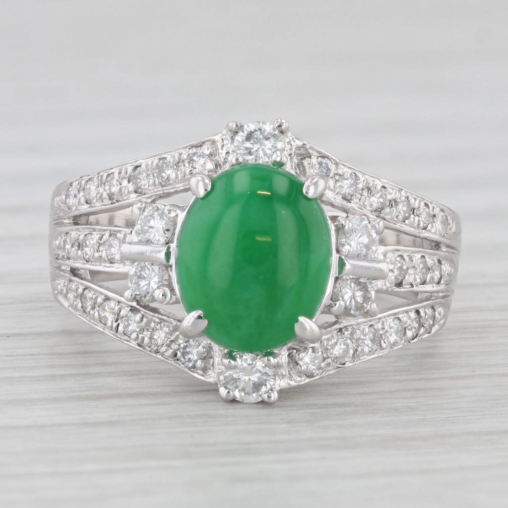 Light Gray Green Jadeite Jade 0.78ctw Diamond Ring 900 Platinum Size 6.75