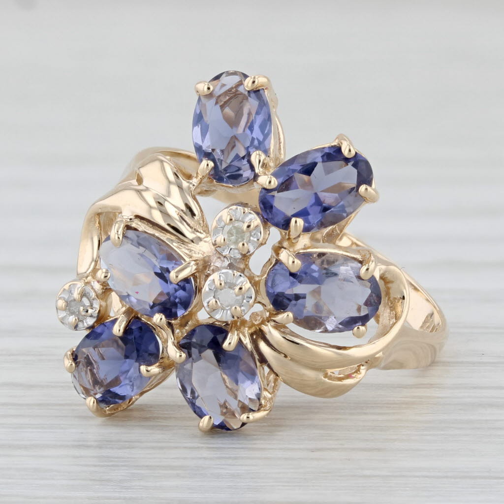 Light Gray 2.34ctw Iolite Diamond Cluster Ring 14k Yellow Gold Size 7 Floral Cocktail