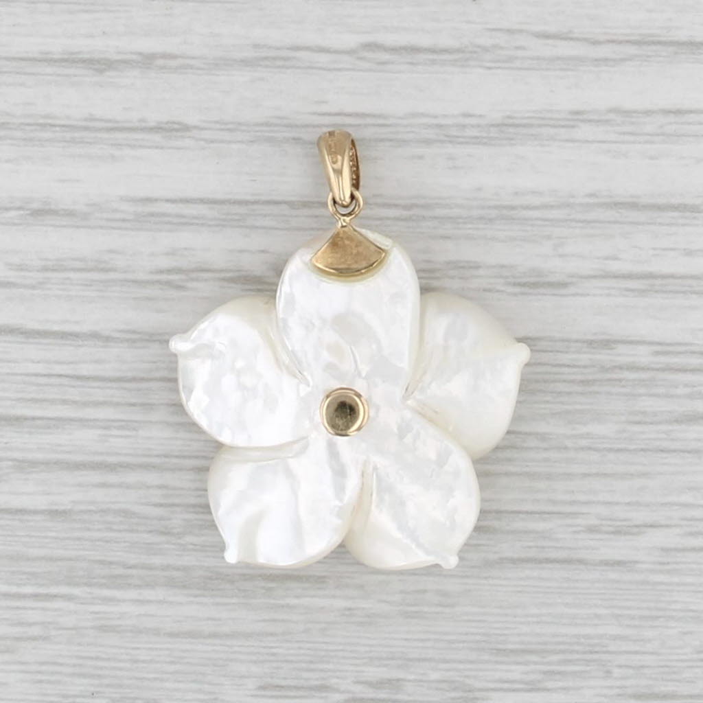 Mother of Pearl Aquamarine Flower Pendant 14k Yellow Gold Floral Jewelry
