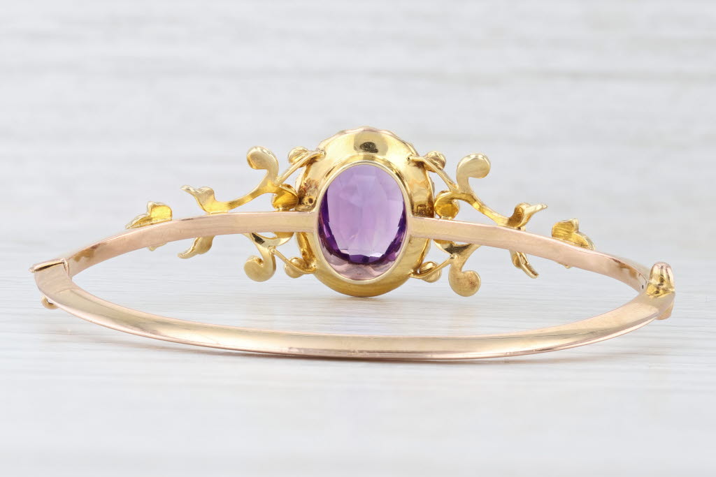 Light Gray Ornate Antique 5.50ct Amethyst Pearl Halo Bangle Bracelet 14k Yellow Gold 6.25"