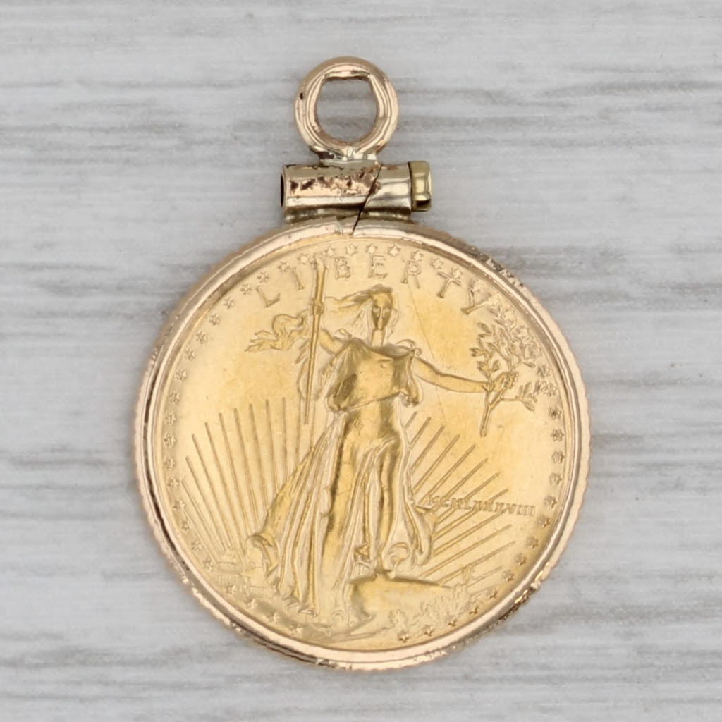 Gray 22k Gold American Eagle 1/10oz 5 Dollar Coin Pendant 14k Bezel Walking