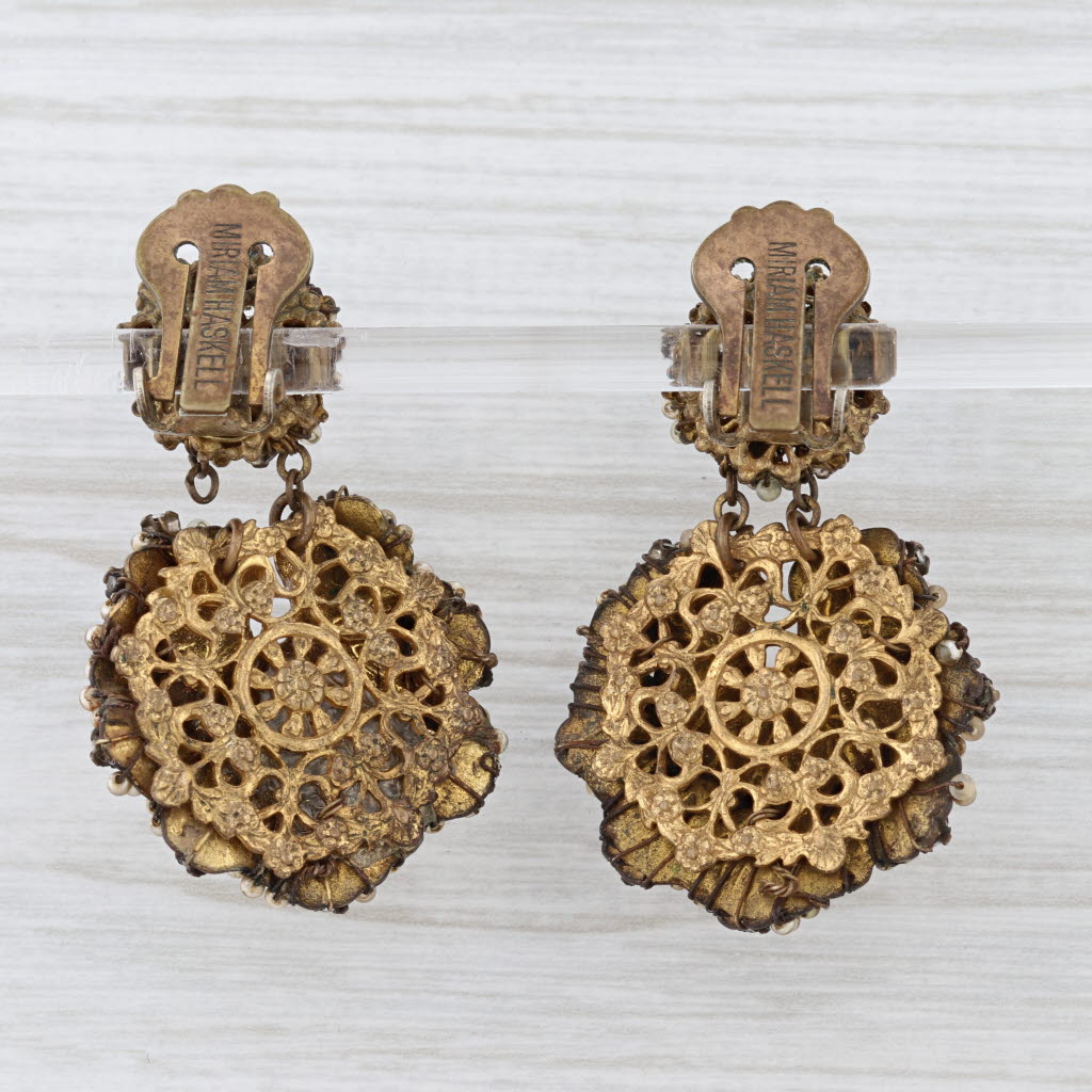Vintage Miriam Haskell Leaf Dangle Clip On Earrings Rhinestone Faux Pearl As IS