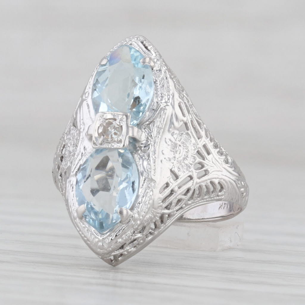 Light Gray Vintage 1.61ctw Aquamarine Diamond Art Deco Filigree Ring 14k White Gold Size 4
