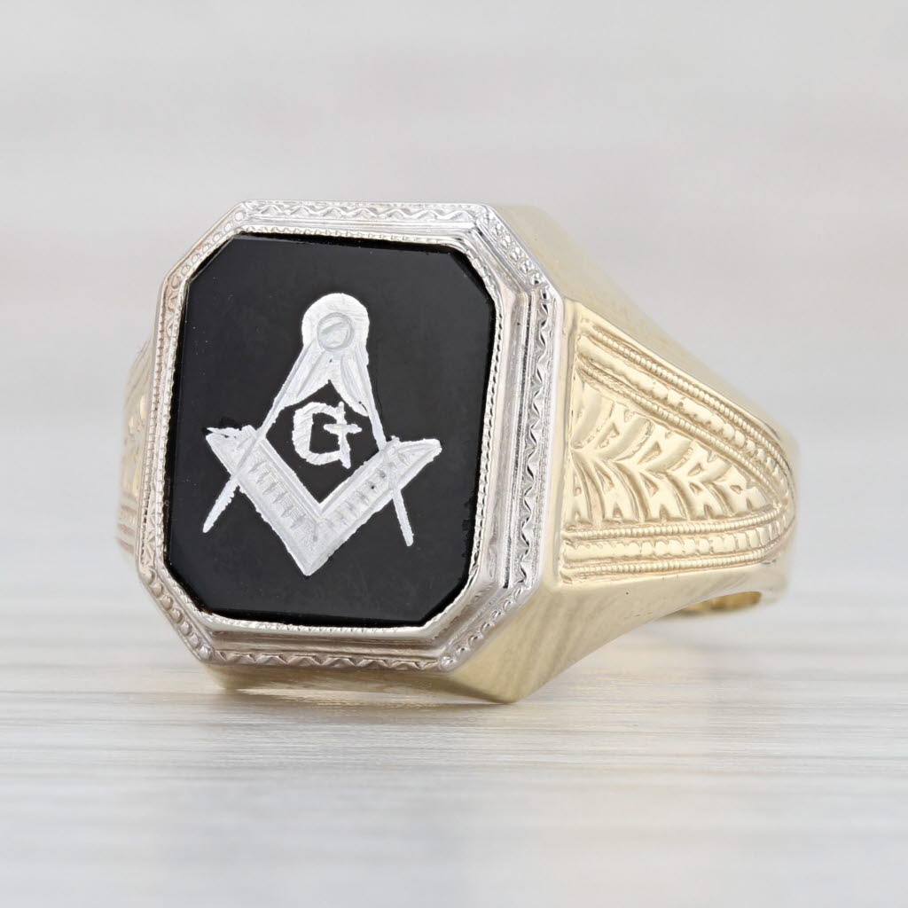 Light Gray Vintage Ostby Baton Masonic Ring 10k Yellow Gold Size 8.75 Blue Lodge Signet