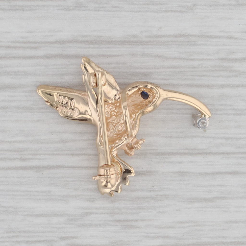 Gray Diamond Blue Sapphire Hummingbird Pin Pendant 14k Yellow Gold Brooch