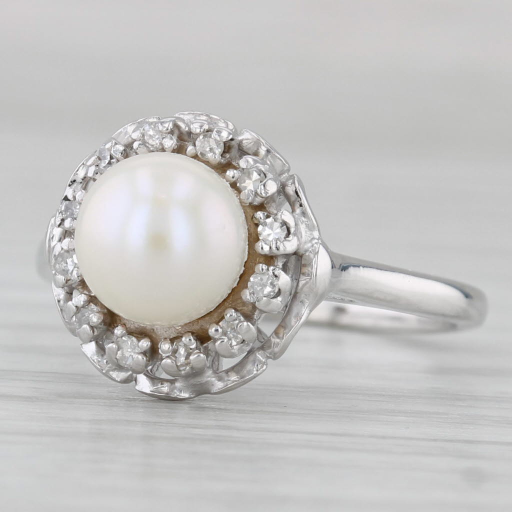 Gray Cultured Pearl Diamond Halo Ring 14k White Gold Size 7.25