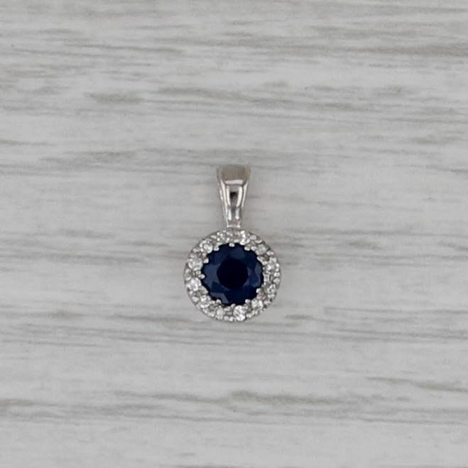 0.59ctw Blue Sapphire Diamond Halo Pendant 14k White Gold Small Drop