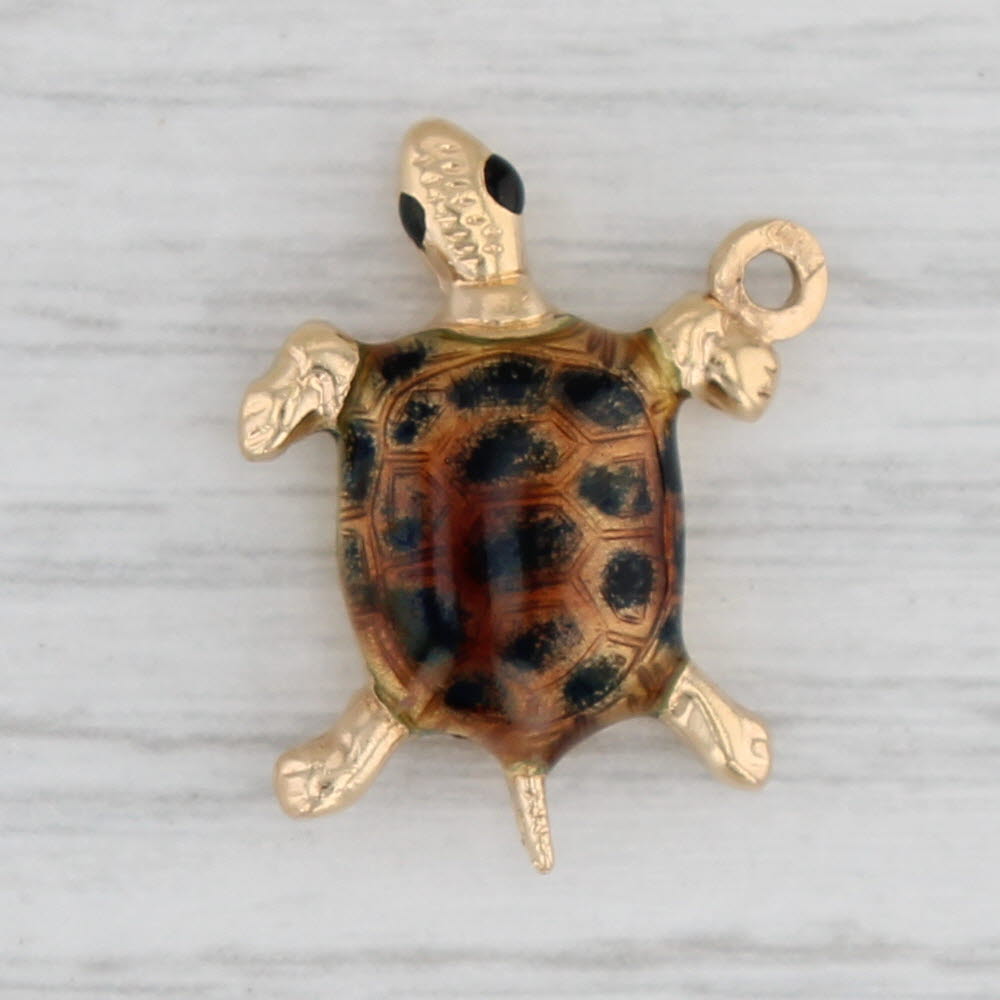 Gray Turtle Charm 18k Yellow Gold Enamel Nautical Pendant