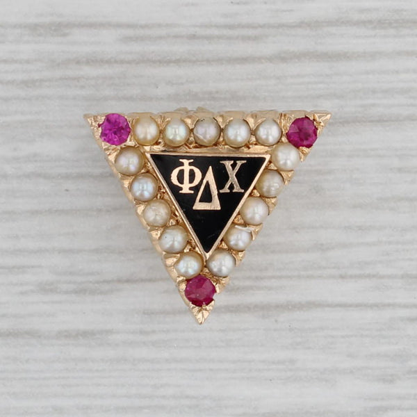 Gray Phi Delta Chi Fraternity Pin 14k Gold Pearls Lab Created Ruby Vintage