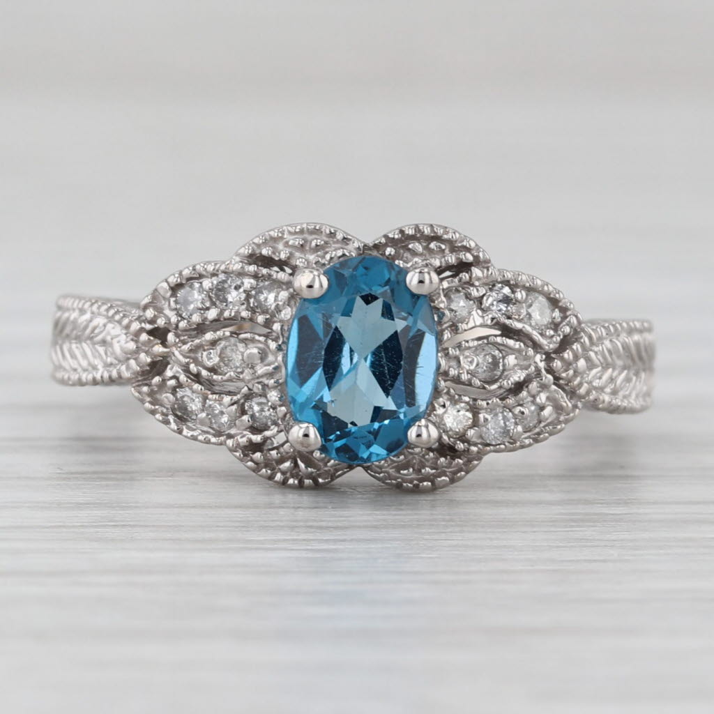 1ctw Oval Blue Topaz Diamond Ring 14k White Gold Size 7