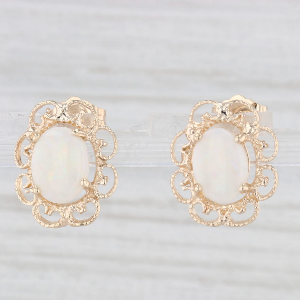 Light Gray Oval Cabochon Solitaire Opal Stud Earrings 14k Yellow Gold Filigree