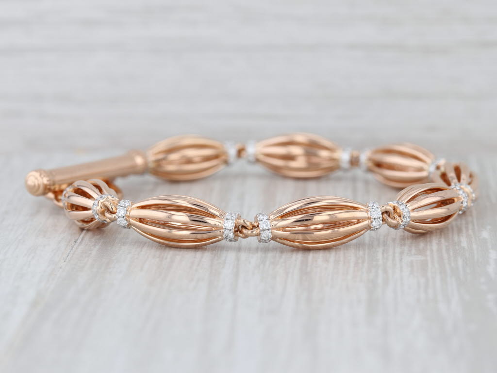 Charles Krypell Diamond Graduated Barrel Birdage Bracelet 18k Rose Gold 7.25"