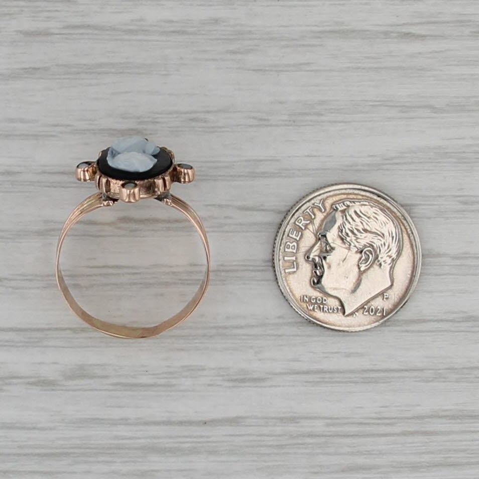 Antique Chalcedony Cameo Signet Ring 9k Yellow Gold Imitation Pearls Size 6.75