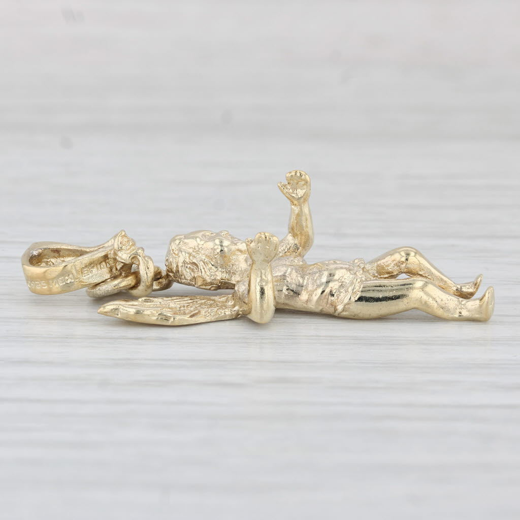 Light Gray Large Figural Cherub Pendant Sterling Silver Gold Vermeil Guardian Angel