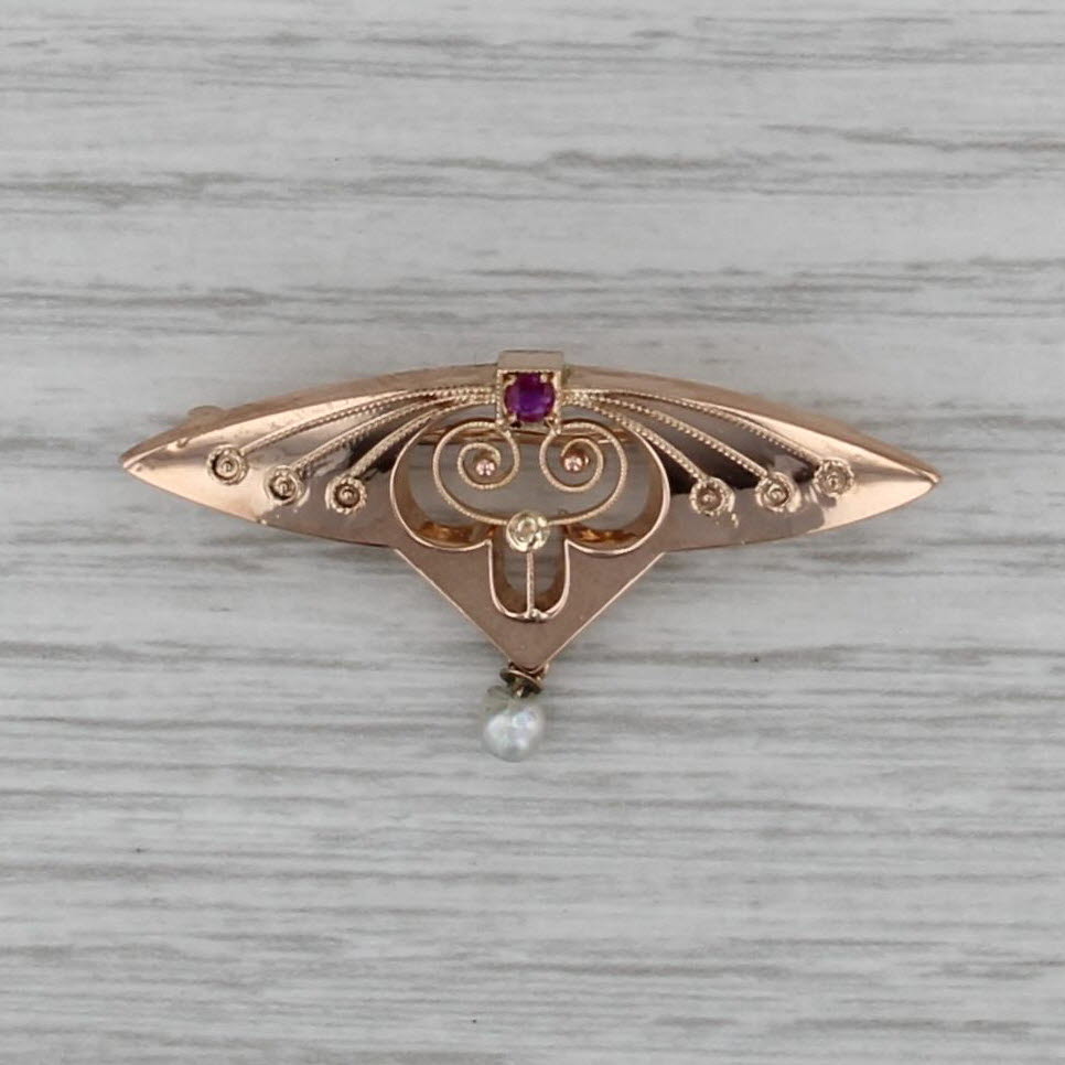 Ornate Antique Ruby Pearl Brooch 14k Rose Gold Pin