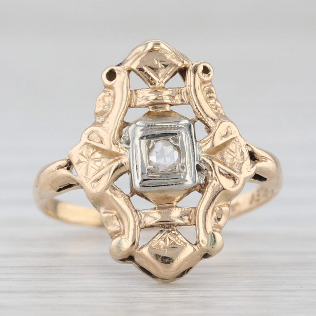 Light Gray Vintage Diamond Rose Cut Solitaire 14k Yellow White Gold Size 3.75