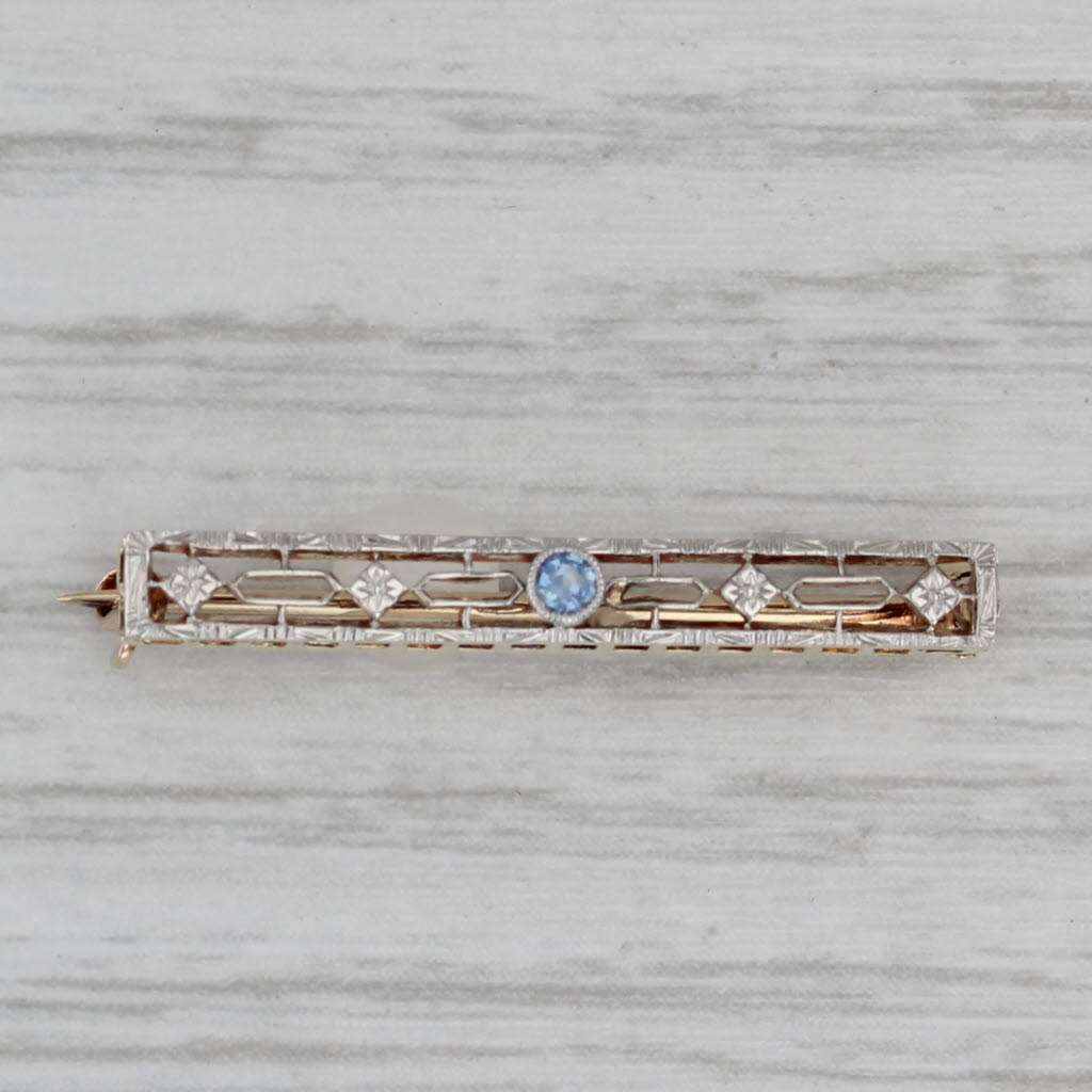 Gray Vintage Lab Created Blue Sapphire Bar Pin Filigree 14k Gold Platinum