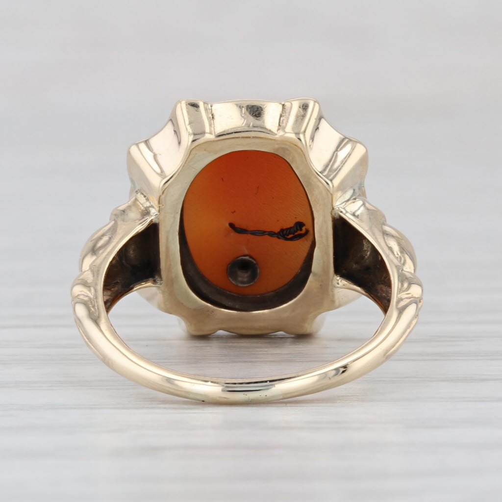 Vintage Shell Carved Cameo Ring 10k Yellow Gold Diamond Accent Size 6