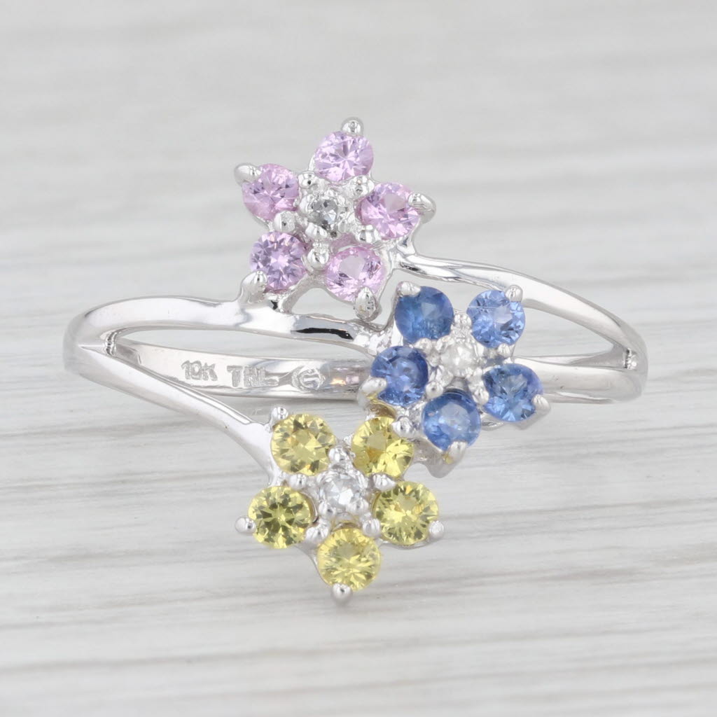 Light Gray 0.63ctw Blue Pink Yellow Sapphire Flowers Bypass Ring 10k White Gold Size 7.25