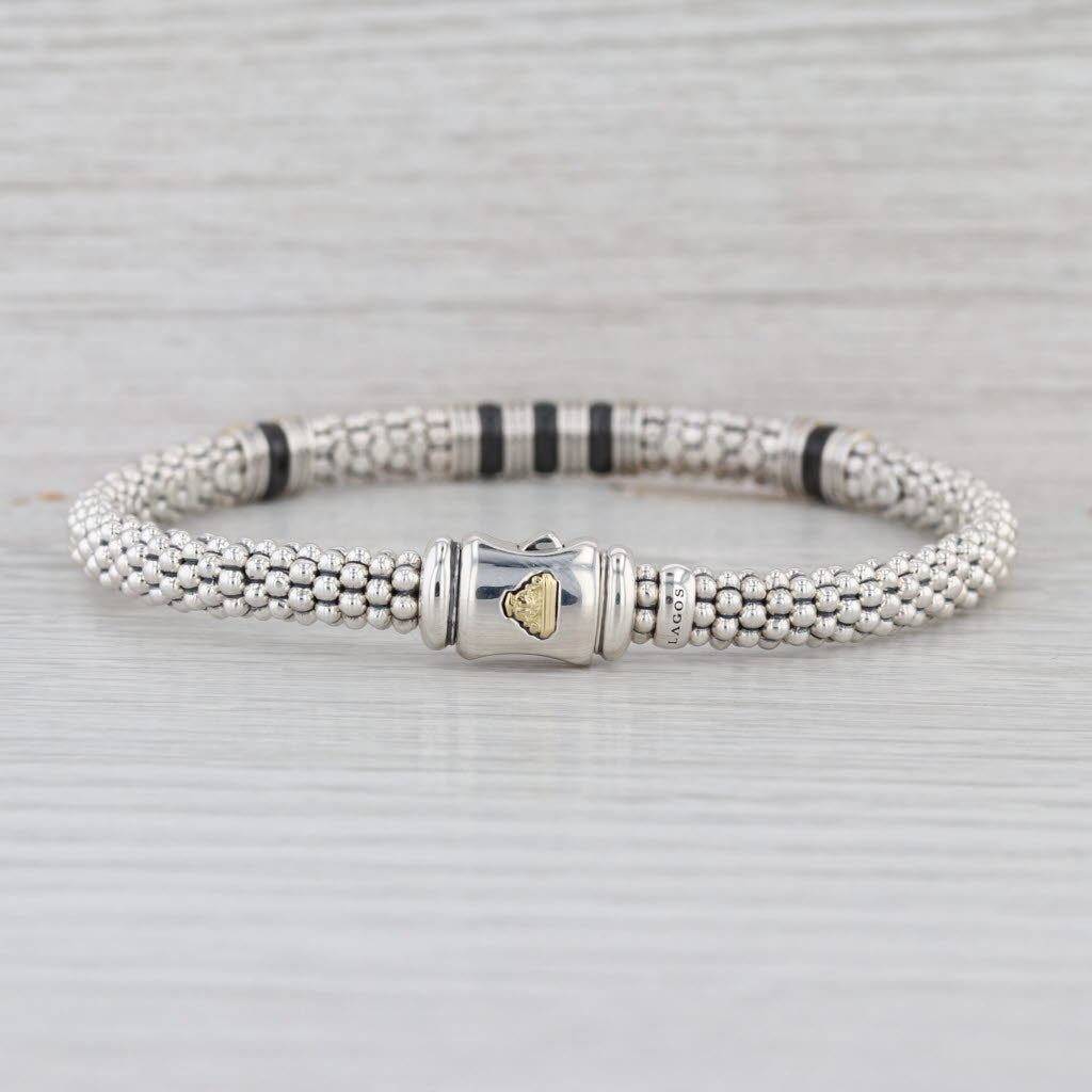 New Lagos Black Caviar Bracelet Sterling Silver 18k Gold Ceramic w/ Pouch 7.75"