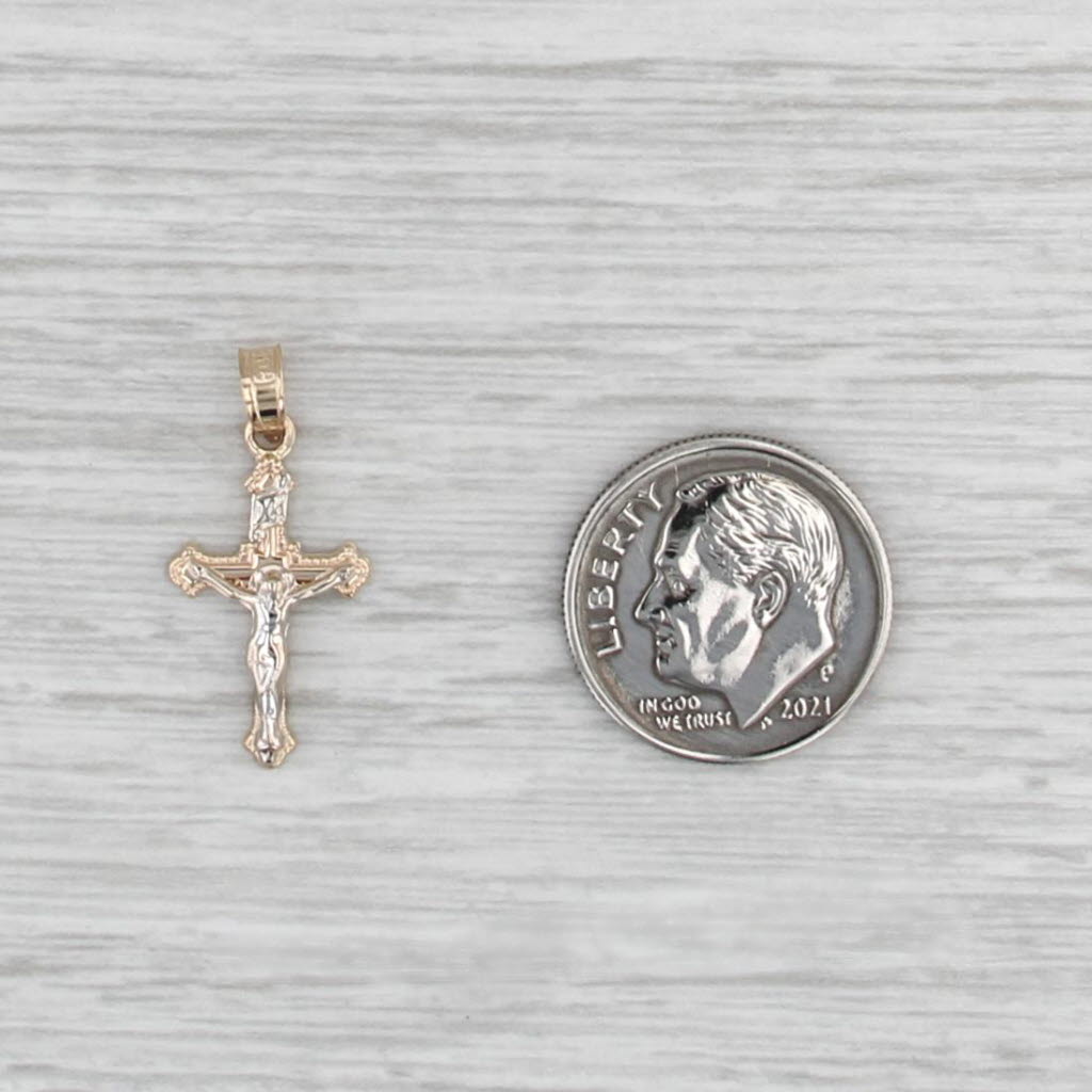 2-Toned Small Crucifix Cross Pendant 14k Yellow White Gold Figural Religious