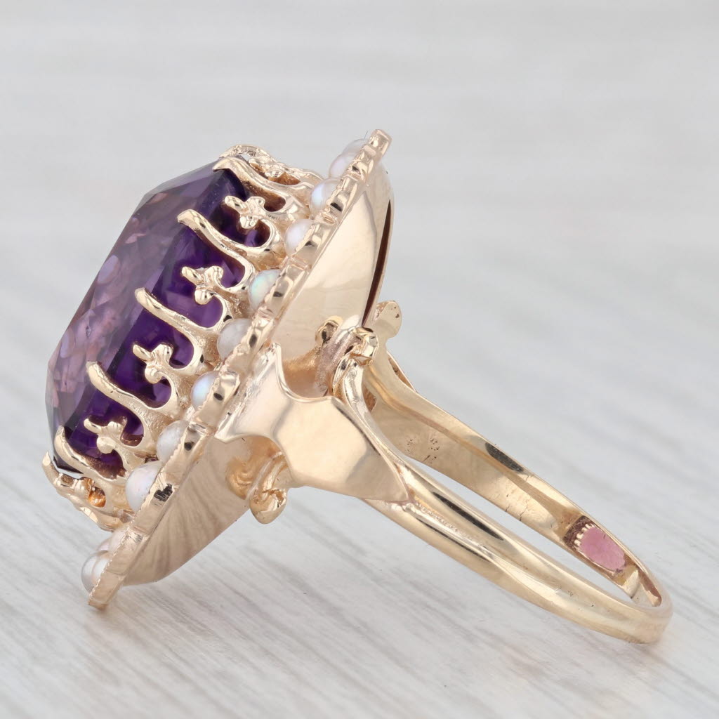 Light Gray Vintage Amethyst Pearl Halo Cocktail Ring 12k Yellow Gold Size 8.5