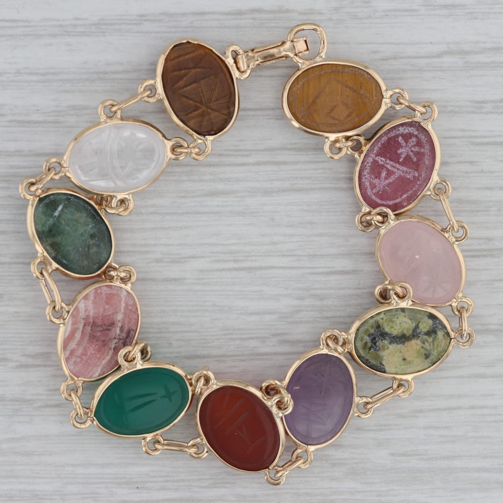 Gray Church & Co Carved Stone Scarab Bracelet 14k Yellow Gold Vintage Multicolor