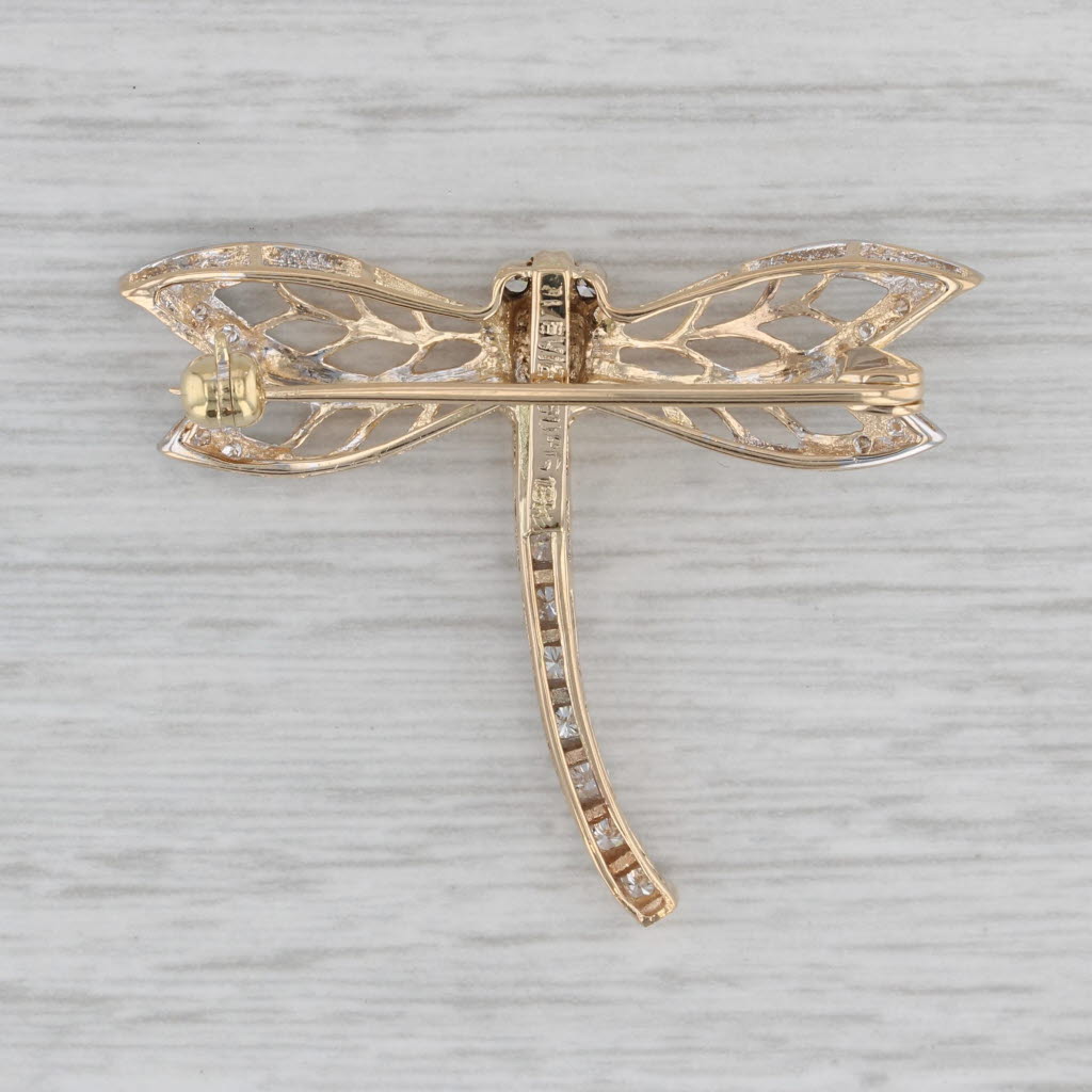 Gray 0.25ctw Diamond Dragonfly Brooch 18k Yellow Gold Statement Pin Insect Jewelry