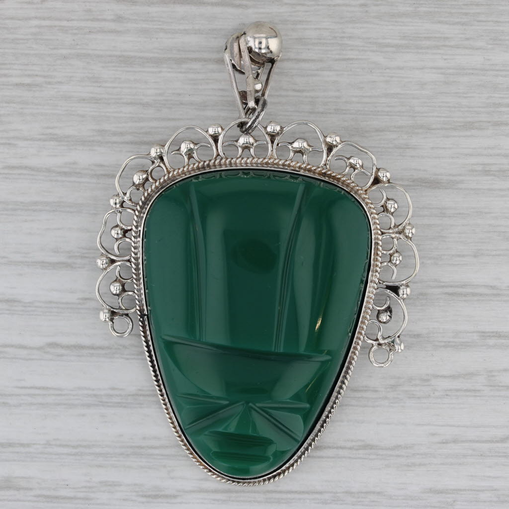 Green Glass Carved Tribal Face Brooch Pendant Sterling Silver Vintage Mexico